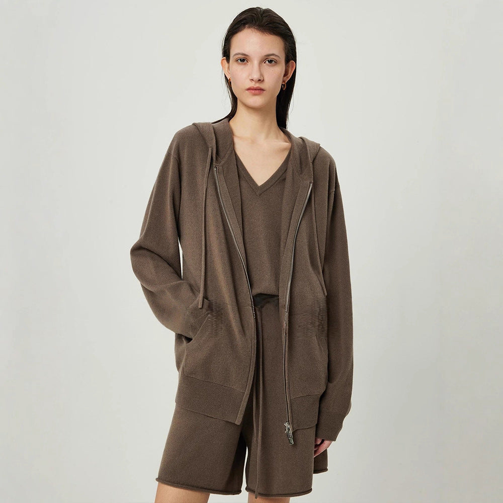 Extremely Fine Gentle Merino Wool Minimal Slack Zipper Sweater Knitted Three-Piece Hoodie