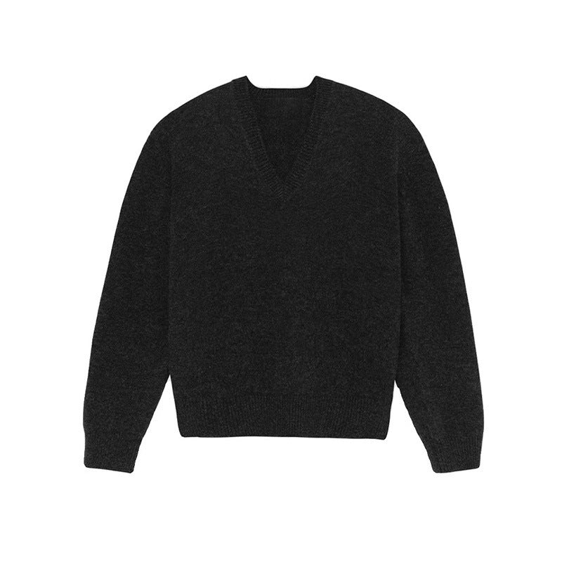 V-neck sweater women's 2025 spring and autumn new lazy wind gray wool blended knitted sweater women's clothing