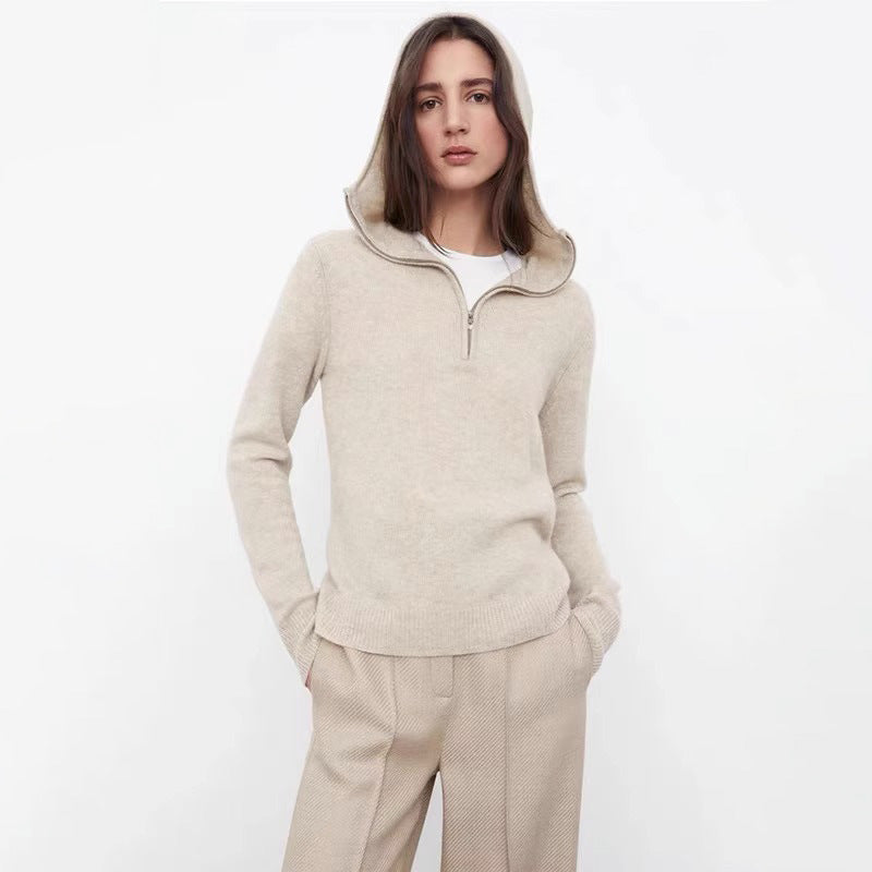 2025 spring and autumn new hooded knitted sweater women's design sense niche light cooked cashmere wool solid color sweater