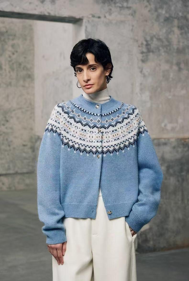 100% all wool fluffy warm, Fair Island jacquard shoulder sleeve knitted cardigan