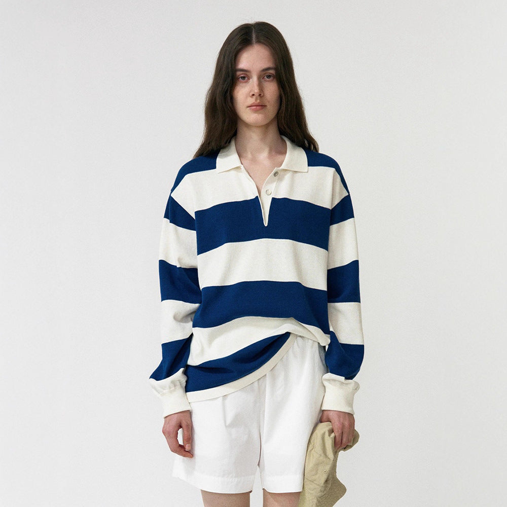 Korean niche 2025 new, striped sweater lapel long-sleeved top loose knitted sweater