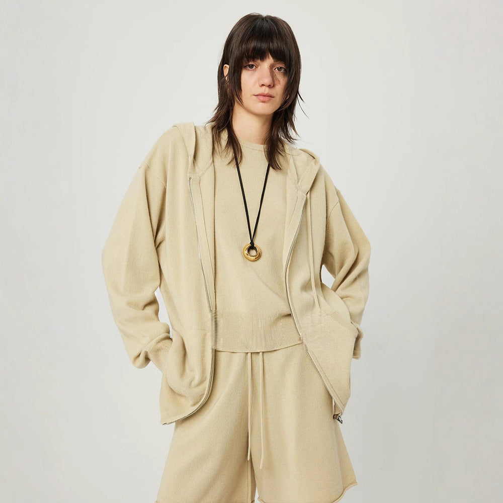 Extremely Fine Gentle Merino Wool Minimal Slack Zipper Sweater Knitted Three-Piece Hoodie