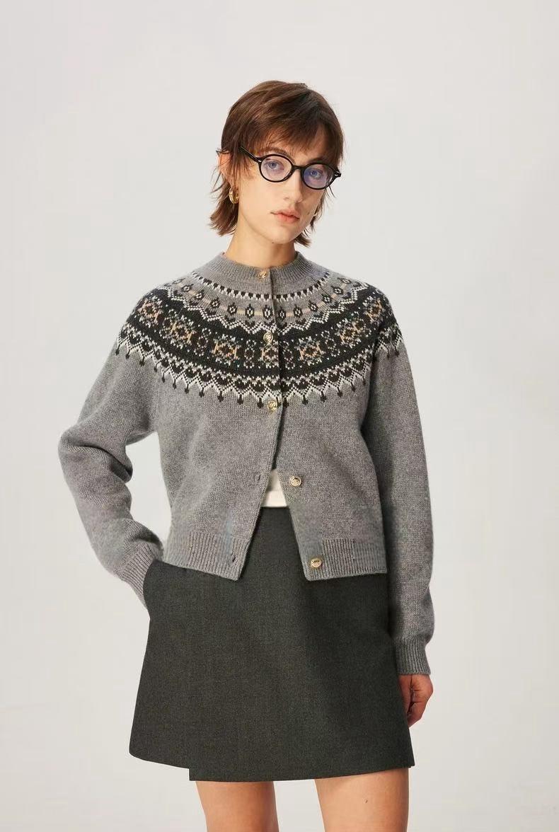 100% all wool fluffy warm, Fair Island jacquard shoulder sleeve knitted cardigan