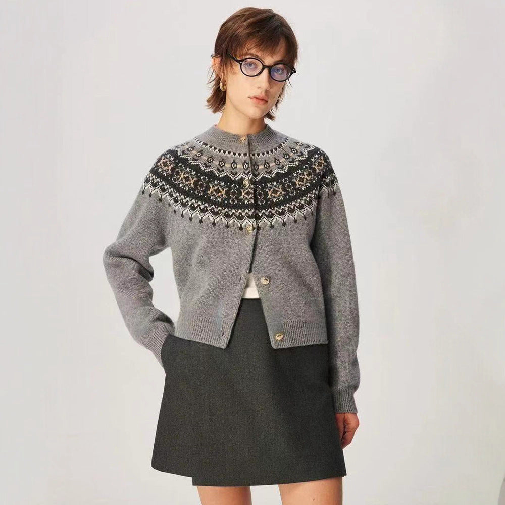 100% all wool fluffy warm, Fair Island jacquard shoulder sleeve knitted cardigan