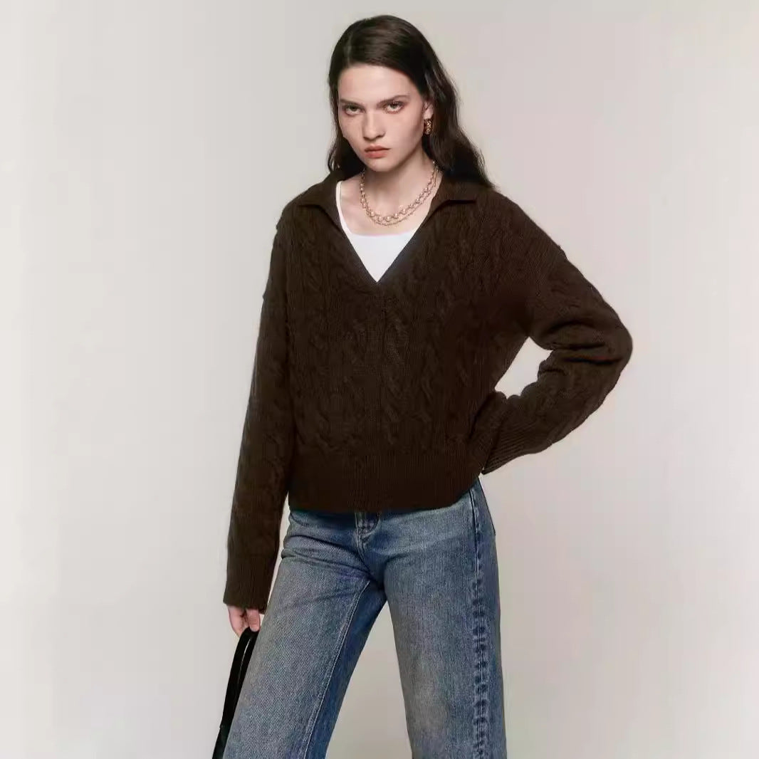 25 autumn and winter new Ralph old money style Maillard color twisted half open full wool polo wool sweater top women