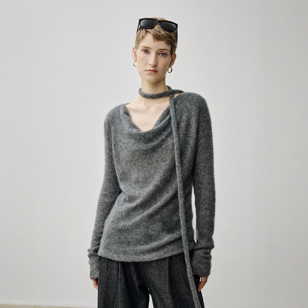 Silk cashmere wool fluffy light loose curled sausage streamer neck knitted top