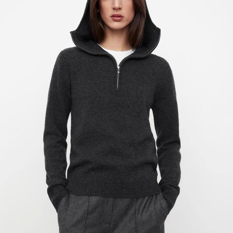 2025 spring and autumn new hooded knitted sweater women's design sense niche light cooked cashmere wool solid color sweater