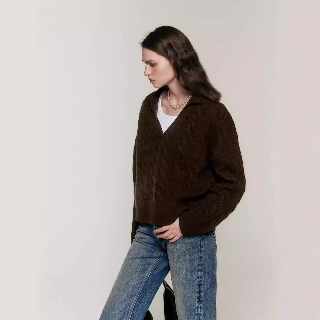 25 autumn and winter new Ralph old money style Maillard color twisted half open full wool polo wool sweater top women