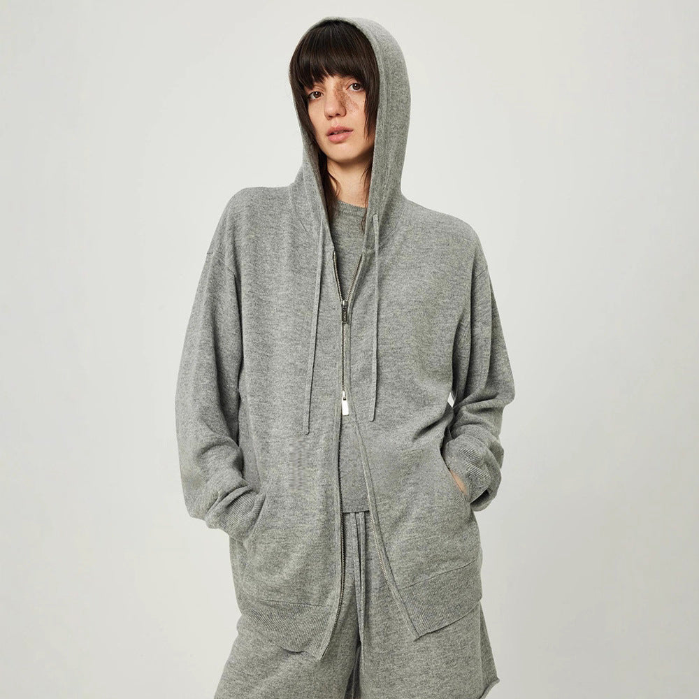 Extremely Fine Gentle Merino Wool Minimal Slack Zipper Sweater Knitted Three-Piece Hoodie