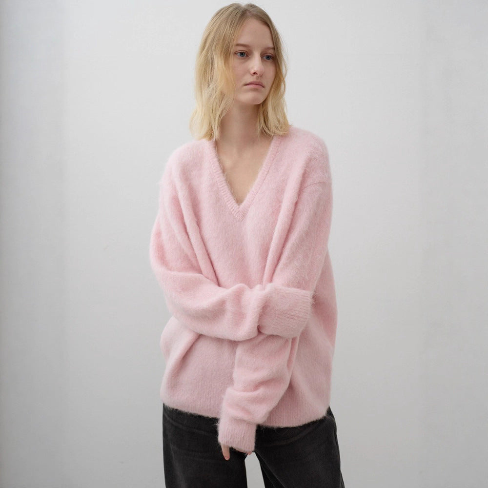 autumn and winter new V-neck alpaca wool knitted sweater loose and versatile fashion thin sweater women