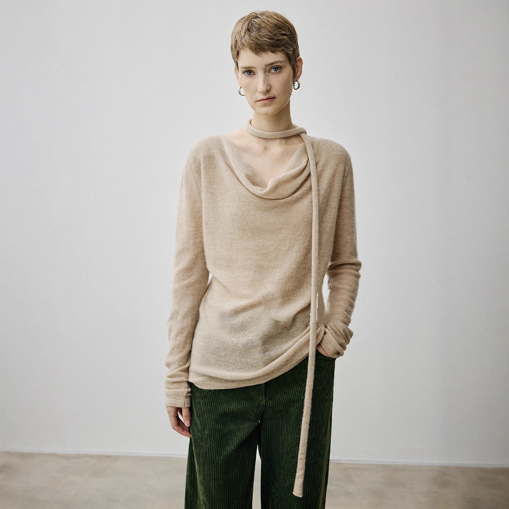 Silk cashmere wool fluffy light loose curled sausage streamer neck knitted top