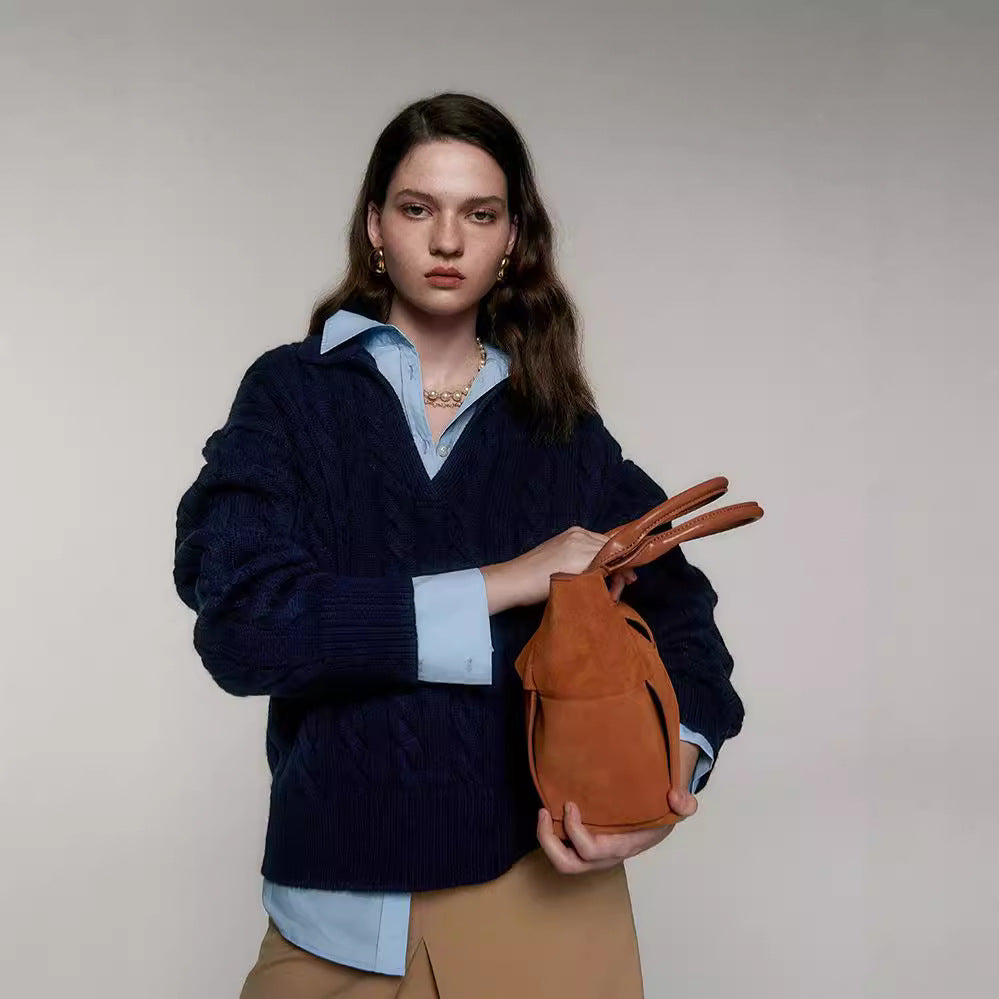 25 autumn and winter new Ralph old money style Maillard color twisted half open full wool polo wool sweater top women