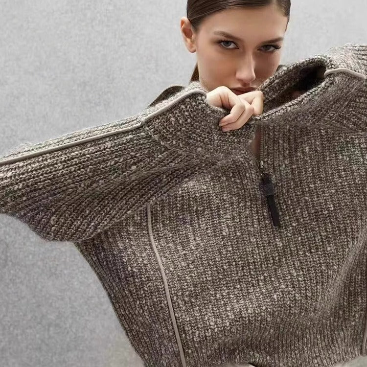 High-necked half-placket hemmed wool sweater women's 2025 spring and autumn new lapel thickened knitted sweater women's clothing