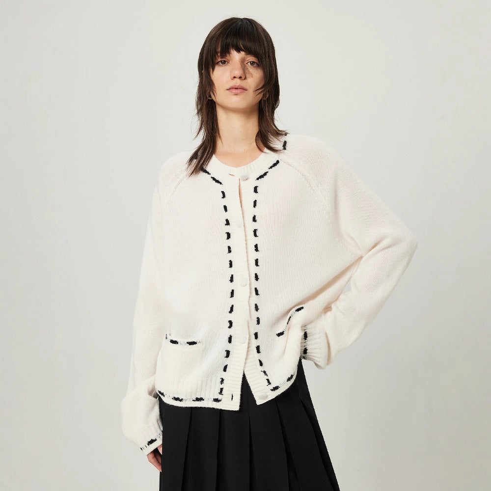 Contrast color thread jacquard lazy simple soft cashmere wool loose comic knitted cardigan