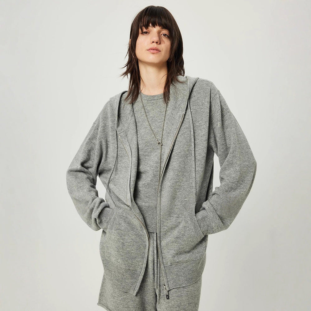 Extremely Fine Gentle Merino Wool Minimal Slack Zipper Sweater Knitted Three-Piece Hoodie