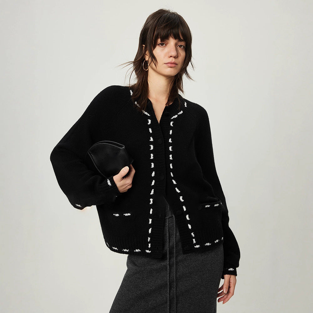 Contrast color thread jacquard lazy simple soft cashmere wool loose comic knitted cardigan