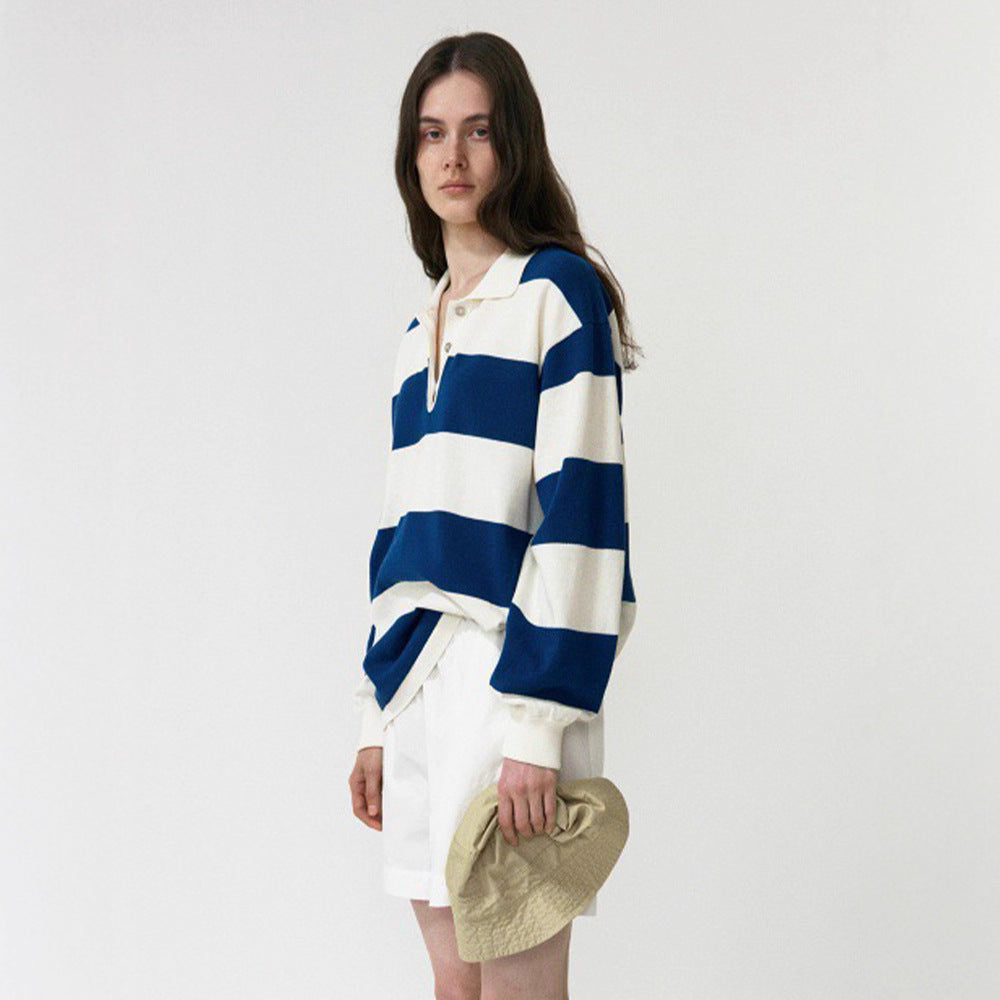 Korean niche 2025 new, striped sweater lapel long-sleeved top loose knitted sweater