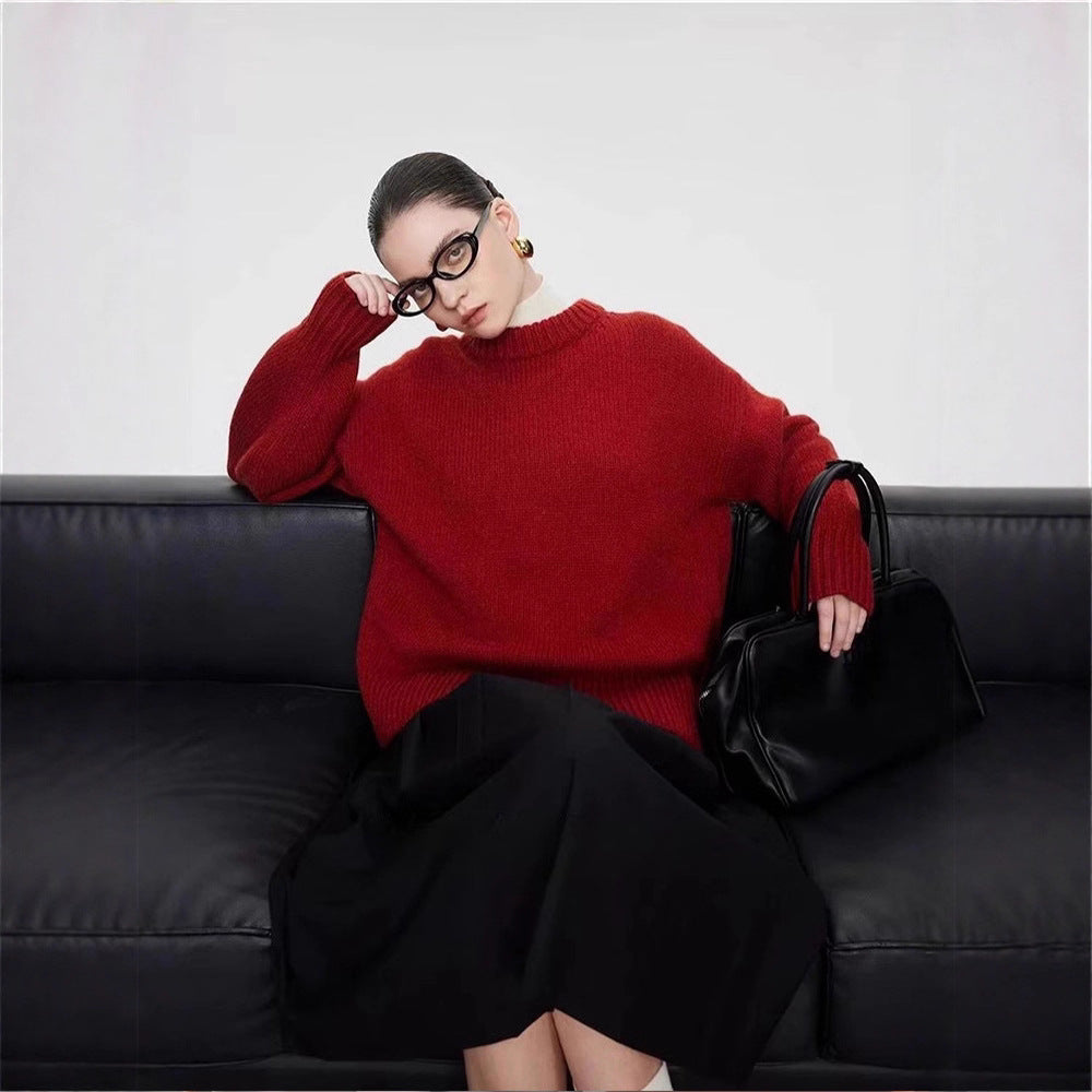 Heavy 710g merino wool back pit strip silhouette loose pullover wool sweater