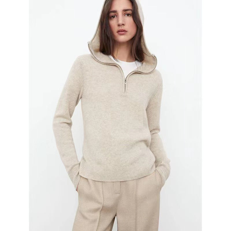 2025 spring and autumn new hooded knitted sweater women's design sense niche light cooked cashmere wool solid color sweater