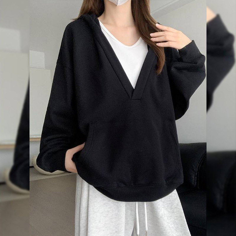 Grey V-neck hooded sweatshirt for women - loose and slim casual pullover