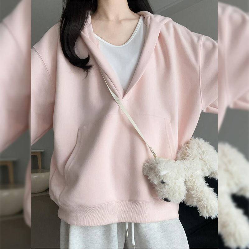 Grey V-neck hooded sweatshirt for women - loose and slim casual pullover