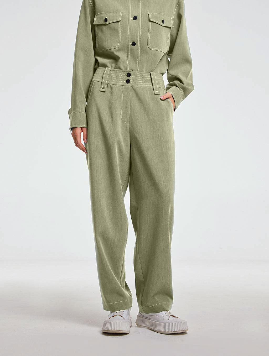 Straight Pants with Stitched Waist