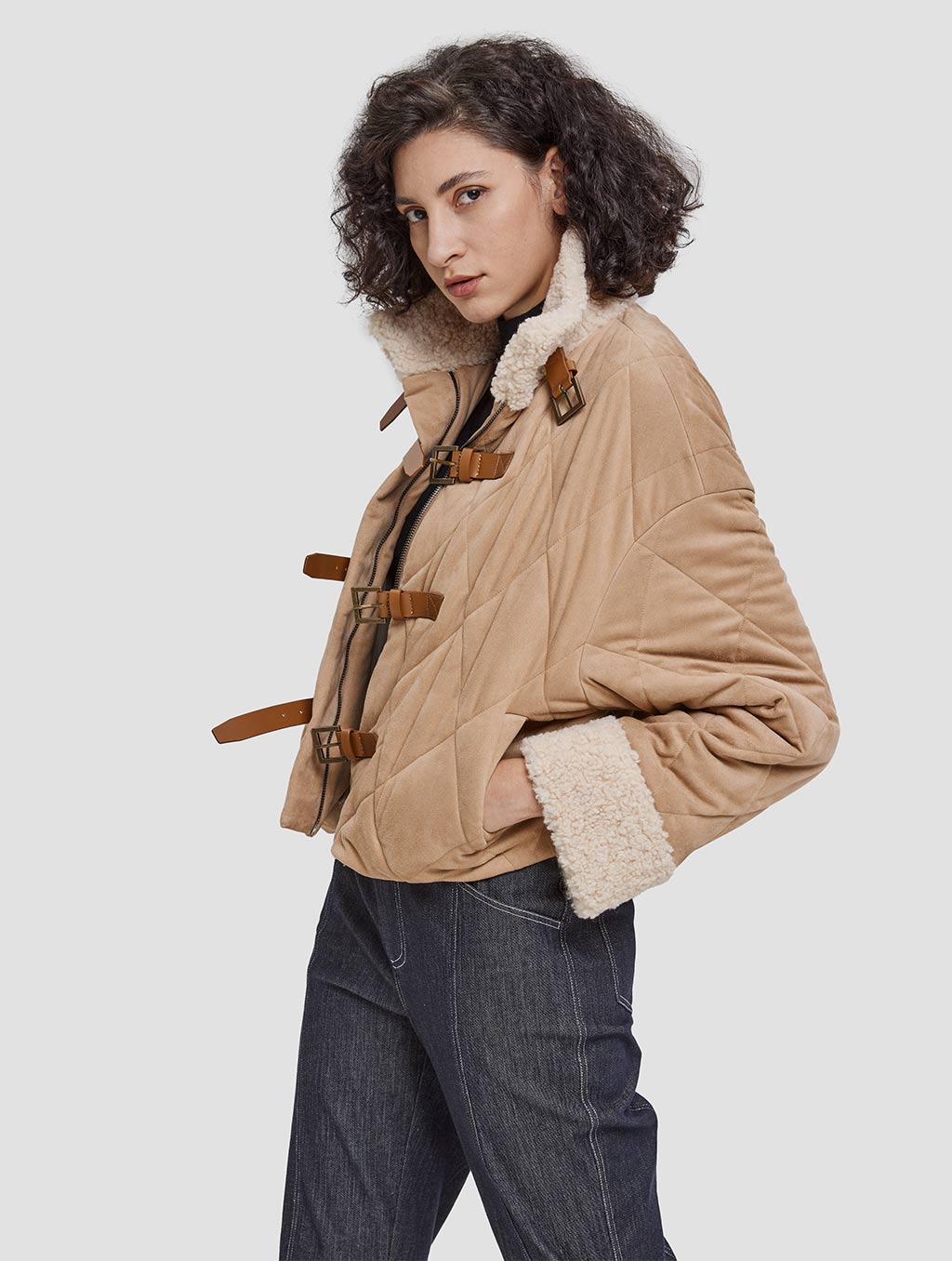 Straps-front Cotton Padded Jacket-side-light apricot