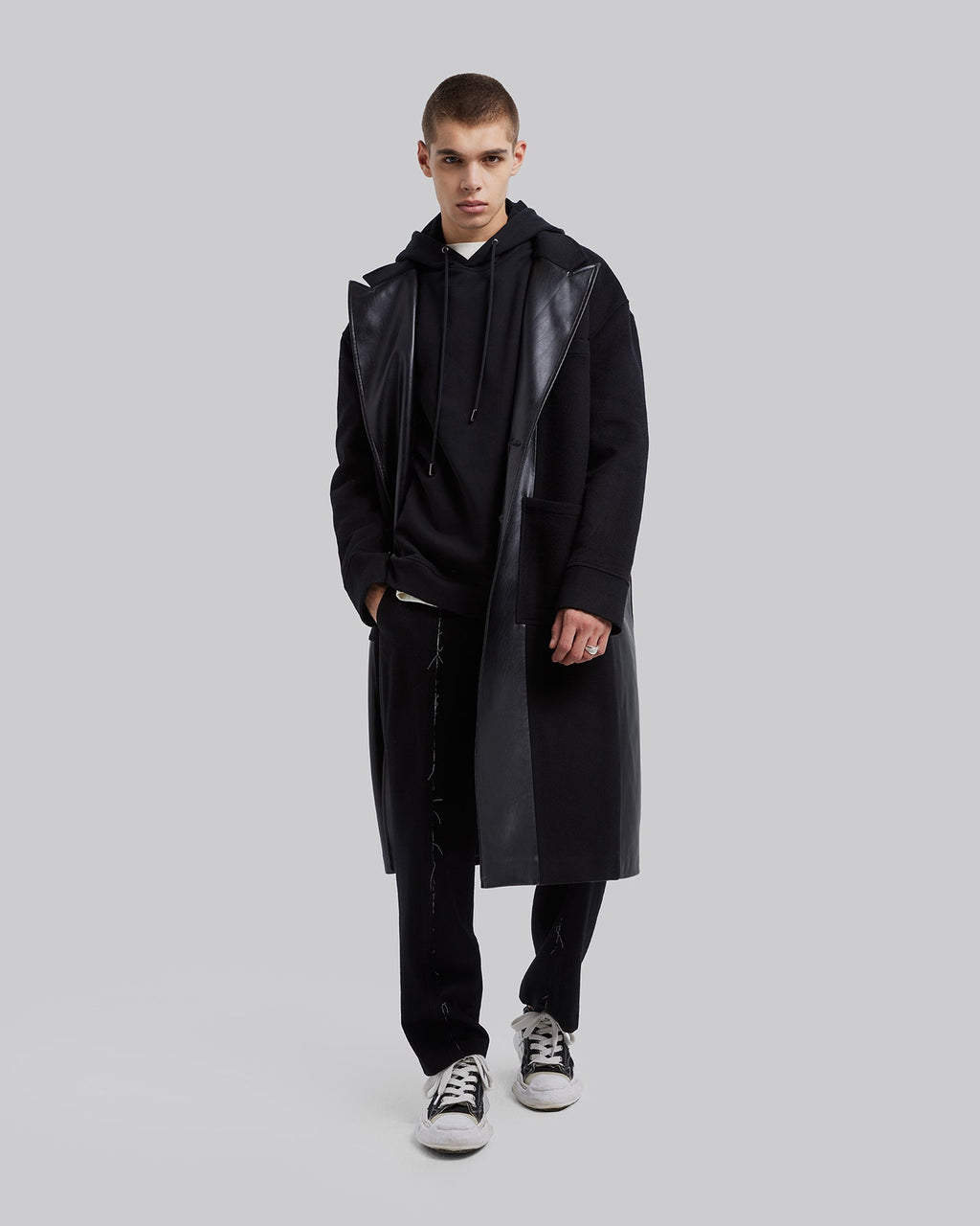 Wool &Faux-Leather Panel Coat