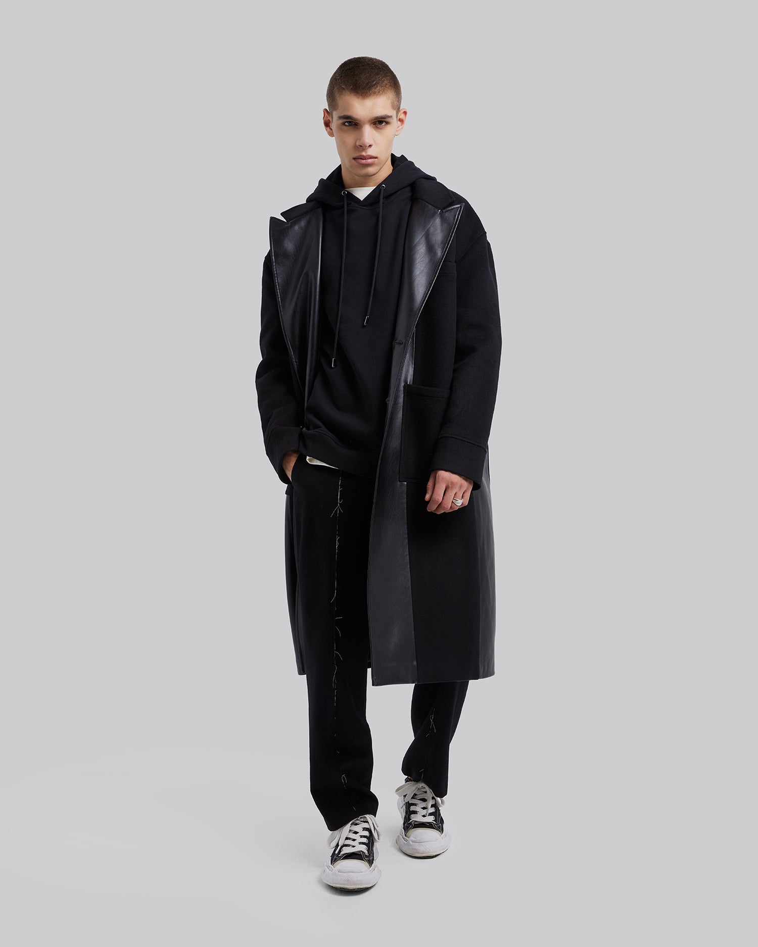 Wool &Faux-Leather Panel Coat