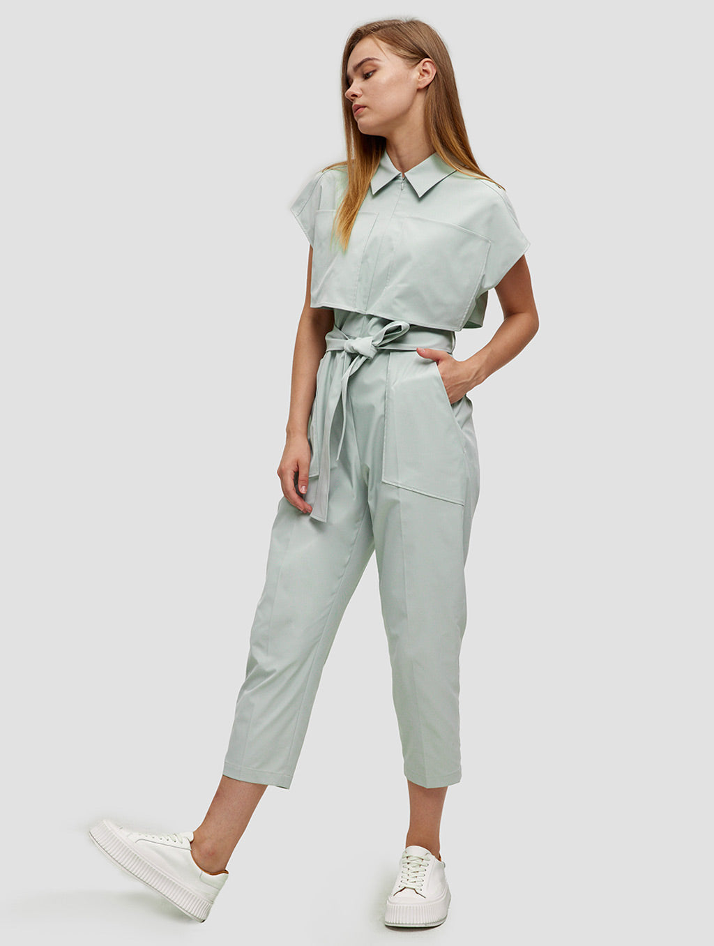 Zipper front jumpsuit - side- light cyan