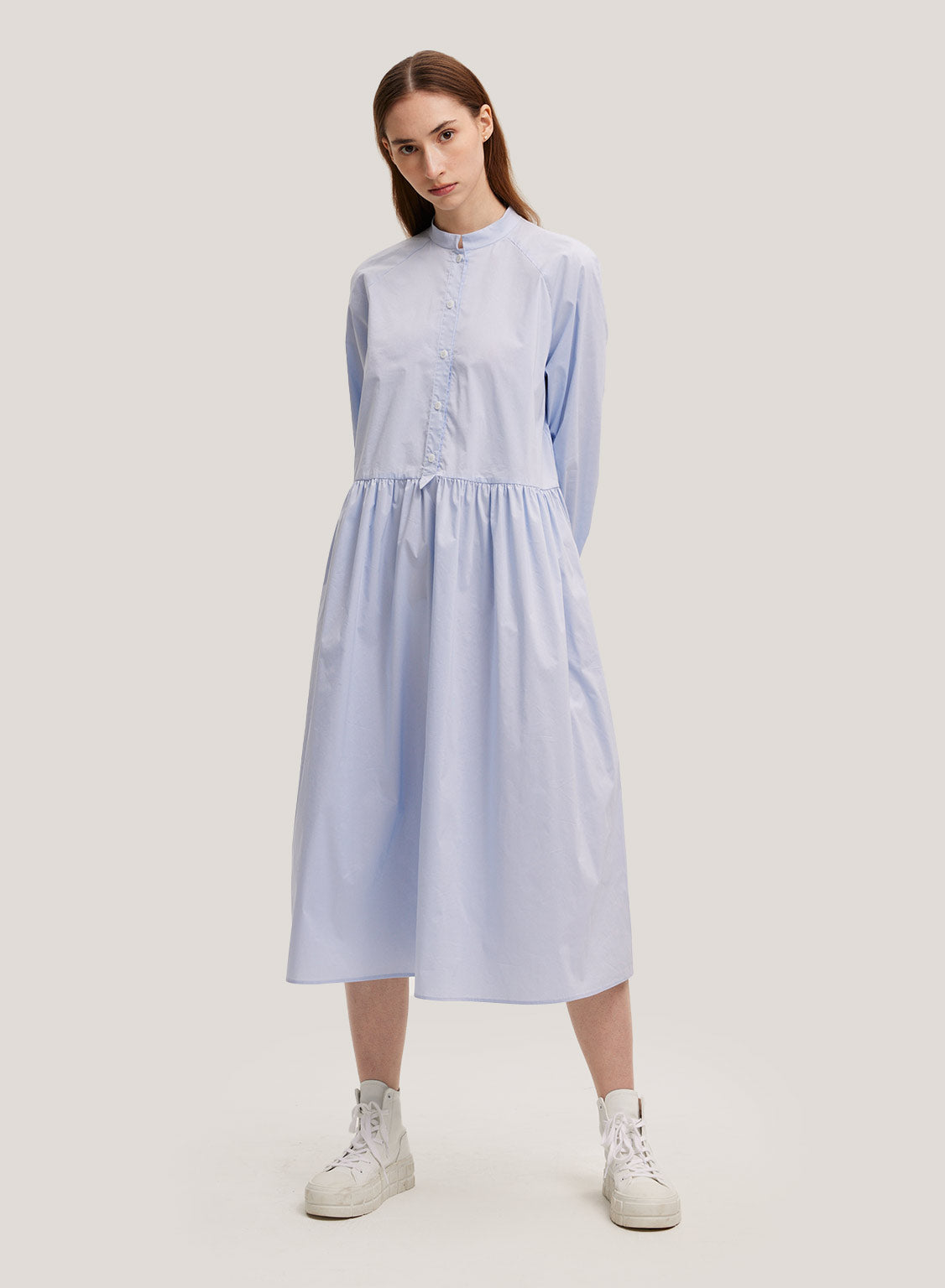 Buttoned Stand Collar Cotton Dress