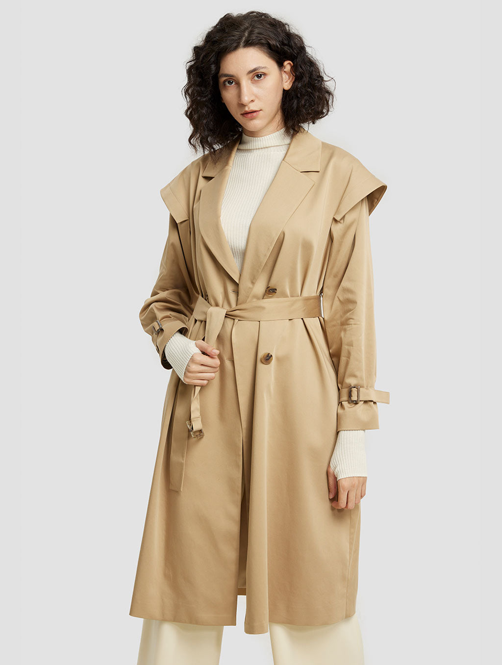 Double-breasted Wide Shoulder Trench Coat