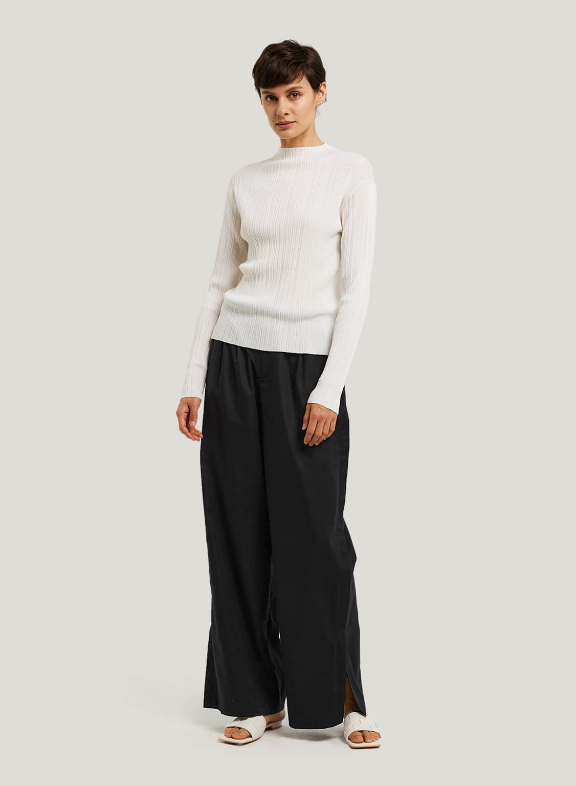 Nap Side Split Cotton-Blend Wide-Leg Pants