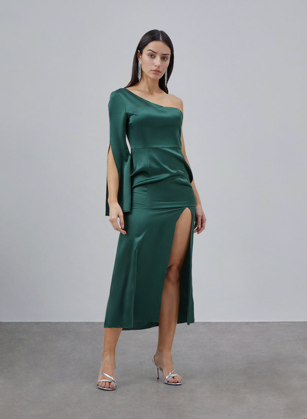 One-shoulder Long Sleeve Silk Dress