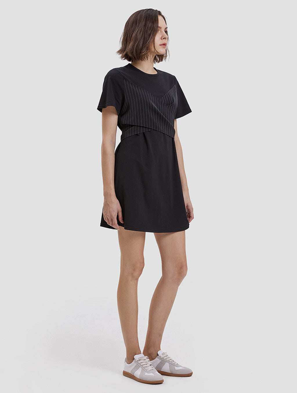patchwork belted dress - side- black